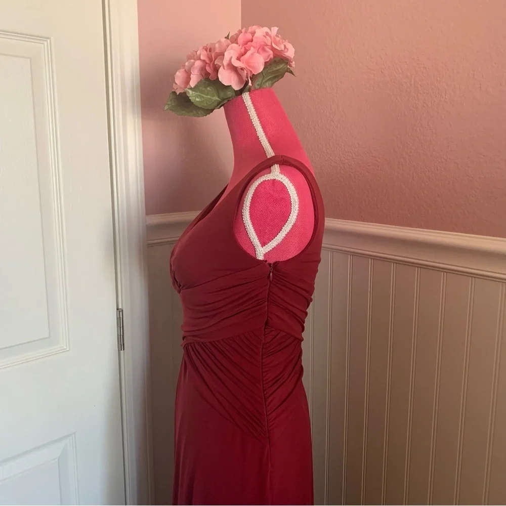 Red Stretchy Nylon Formal Gown with Gathered Waist, roughly size M - Picture 5 of 8